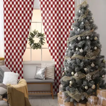 

Curtain of Classic Diagonal Checkered Design Plaid Pattern Traditional Artwork Printed Red White