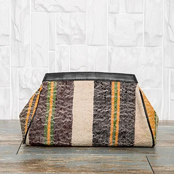 

Top Selling Customizable Striped Kilim Fabric Leather %100 Wool Woven No Handle Casual Tote Purse Versatile Travel Wallet Clutch