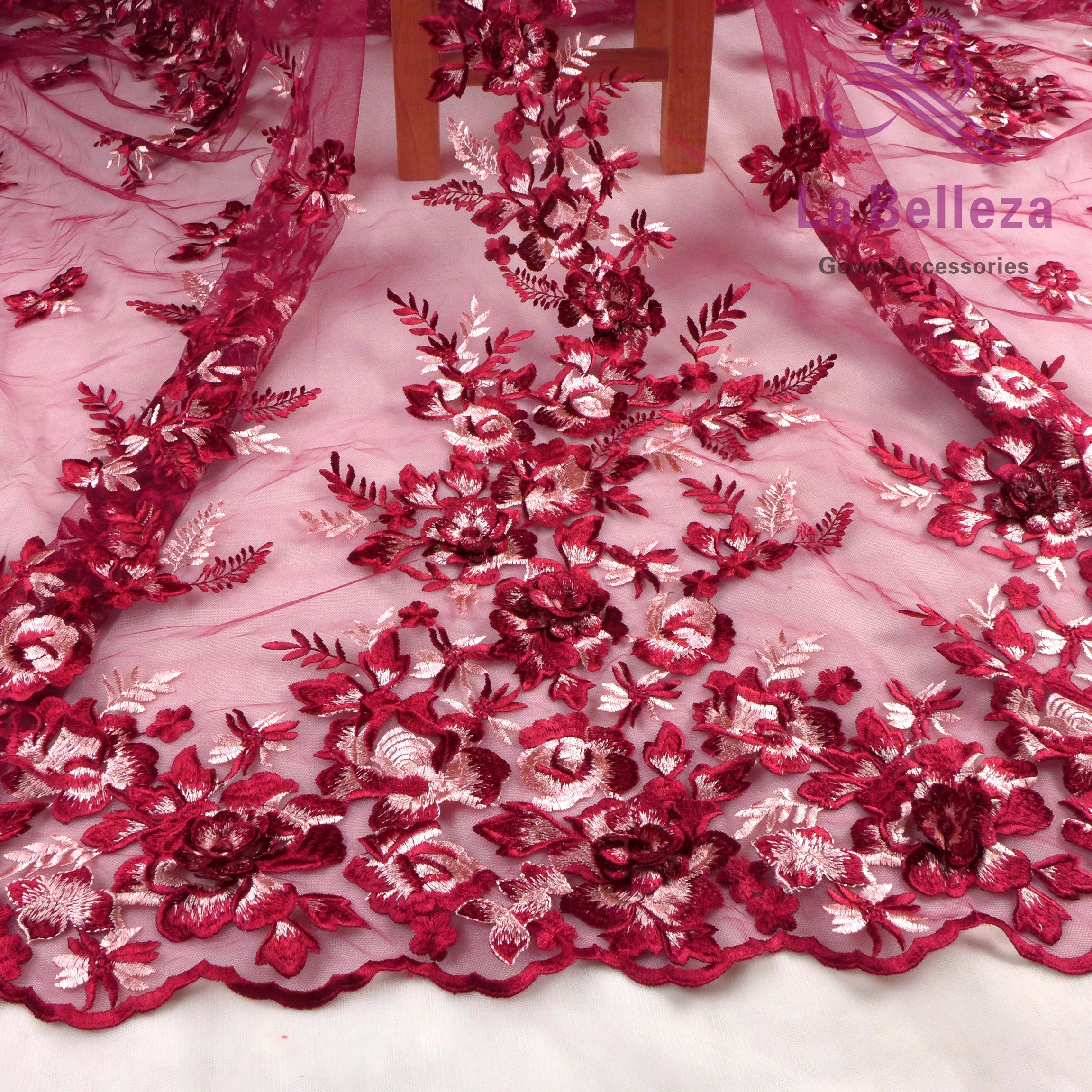 La Belleza дизайн кружева, Розовый 3D цветы кружева ткань, синий, вино 3D Цветы Кружева Ткань вечернее платье кружевная ткань 1 ярд