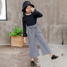 Комплекты детской одежды для девочек, футболки с длинными рукавами+ клетчатые Широкие штаны, Осенняя детская одежда, одежда для подростков 3, 4, 5, 7, 8, 10, 12 лет