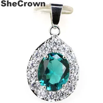 

31x16mm SheCrown Drop Shape Created Rich Blue Aquamarine White CZ Gift For Sister Silver Pendant