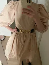 Mini Dress Lantern Short-Sleeve OOTN A-Line Pink Elegant Green Cotton Casual Women Ladies