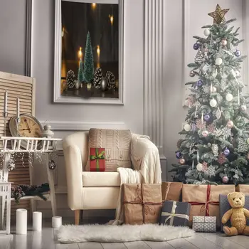 

Tapestry Small Pine Trees Cones Decorating Balls on Wooden Table Christmas Theme Photo Brown Green