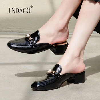 

Slippers Women Leather Slides Summer Shoes Women Round Heel Shoes New 2020 4.5cm Square Toe