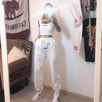 

Sisterlinda 100%Cotton Letter Print Streetwear Pant Sweatpants Women High Waist Drawstring Jogger Pants Dancing Trousers Womens