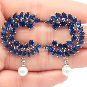 

41x30mm Moon Shape Silver Earrings For Women Created Tanzanite White Pearl Wedding Drop Shipping