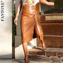 FANTOYE, сексуальные юбки из искусственной кожи с пряжкой, Женская облегающая юбка с высокой талией и разрезом, женские вечерние юбки со скошенными краями, Клубная одежда, коричневая юбка миди