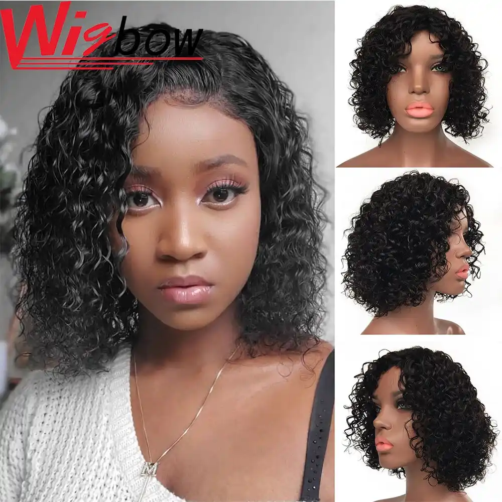 ブラジル髪かつらディープウェーブショート黒人女性事前摘み取らショートカーリー人間の髪かつらフル機メイドかつら Full Machine Wigs Aliexpress