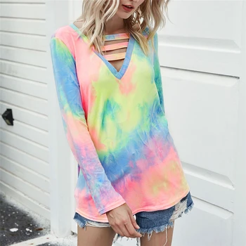 

Tie-dye Hollow Out Top Long Sleeve T-shirt Women V-neck Multicolor Tops Tee Shirts 2020 Autumn New Female Loose T Shirt