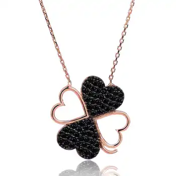 

925 sterling Silver Black Heart Clover Lady Necklace