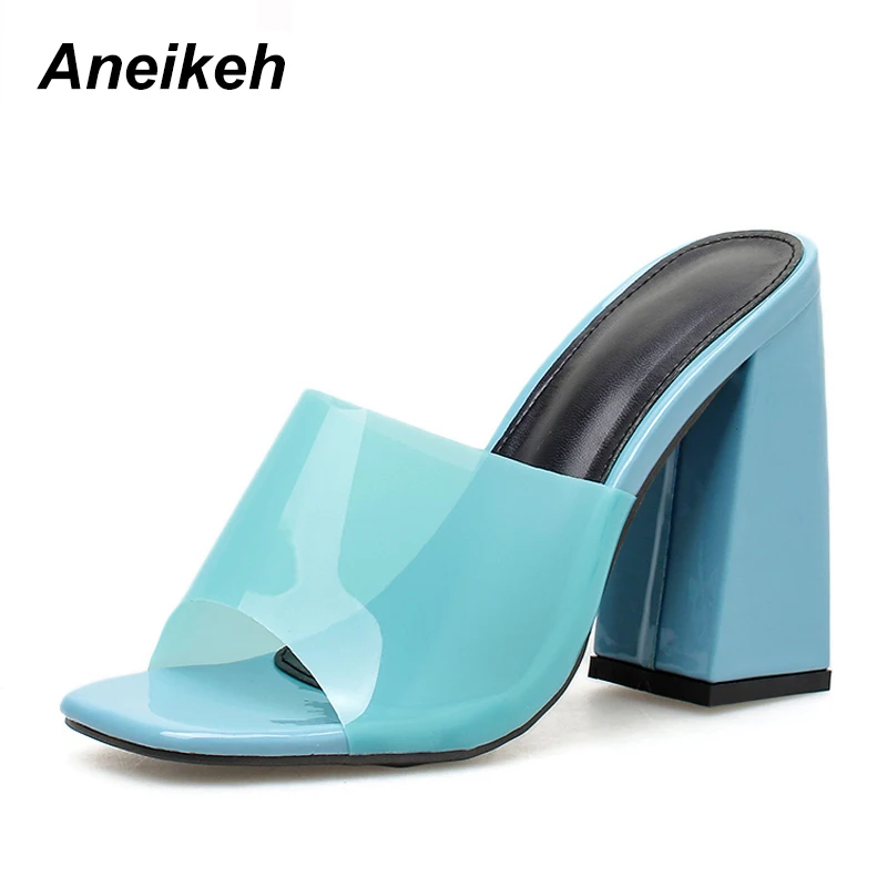 Aneikeh/Новинка, модный, из ПВХ, прозрачный шлёпанцы для женщин туфли на высоком каблуке с открытым носком на очень высоком Для женщин на высоком каблуке с украшением в виде кристаллов; Для женщин; прозрачные тапочки 42 - Цвет: Blue
