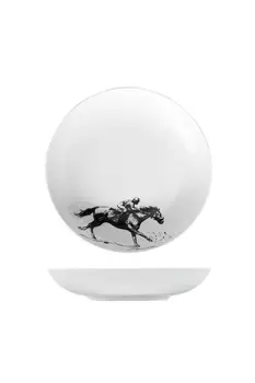 

8.2 Inch White Black Illustrated Kutahya Porcelain Plate (deeper)Soup Dessert Salad Steak Dinner Food Tray- man on the horse