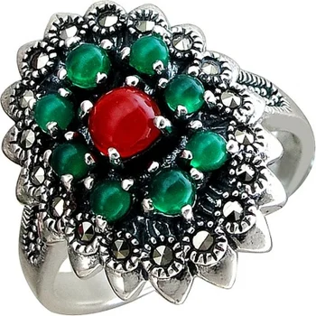 

Esthete ring with carnelian, marcasite and chrysoprase in black silver