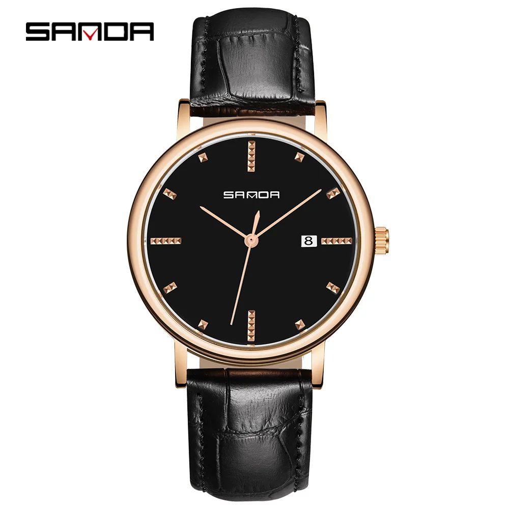 

SANDA New Student Alloy Case Leather Strap Men's Quartz Watch Simple Calendar Business Waterproof Quartz Movement Wrist Watch