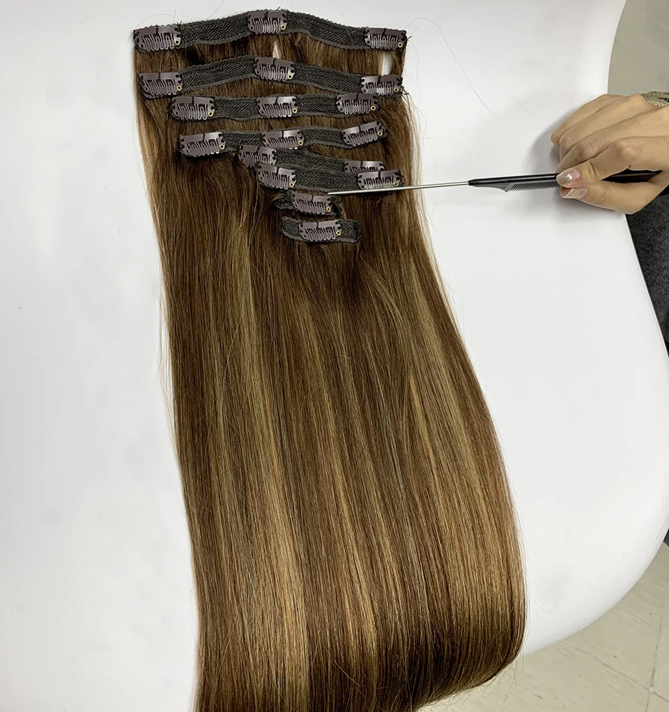 Hair Extensions P4/27 straight Clip In Human Hair Extensions 100g/set straight Clip In Full Head Brazilian Hair Extension for Women