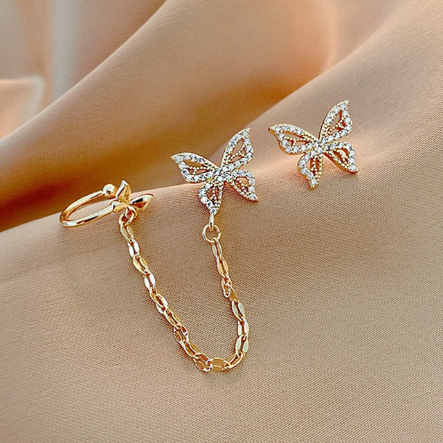 Elegant Cute Rhinestone Butterfly Stud Earrings For Women Girls Fashion Metal Chain Earring Wedding Party Jewelry Gifts