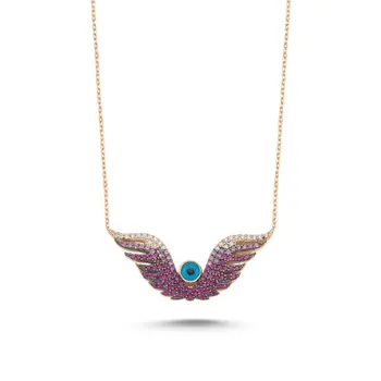 

Angemiel 925 Silver Pink Grayscale Zircon Eyes Wing Necklace-Rose Gold Plated