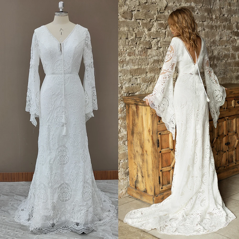 

Bohemian Beach Long Bell Sleeves Wedding Dress Backless Lace Custom Made Plus Size Cutout Mermaid Sweep Train Bridal Gown