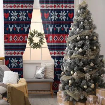 

Curtain Knitted Christmas Pattern Snowflakes with Pine Trees Reindeer Horns Heart Shapes Artwork Red Blue