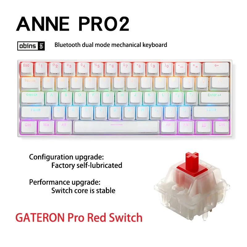 white computer keyboard Anne Pro 2 60% 61 Keys Portable Mini Wireless bluetooth 5.0 Mechanical Keyboard Office Gaming Keyboard Type-C Detachable Cable keyboard desktop Keyboards