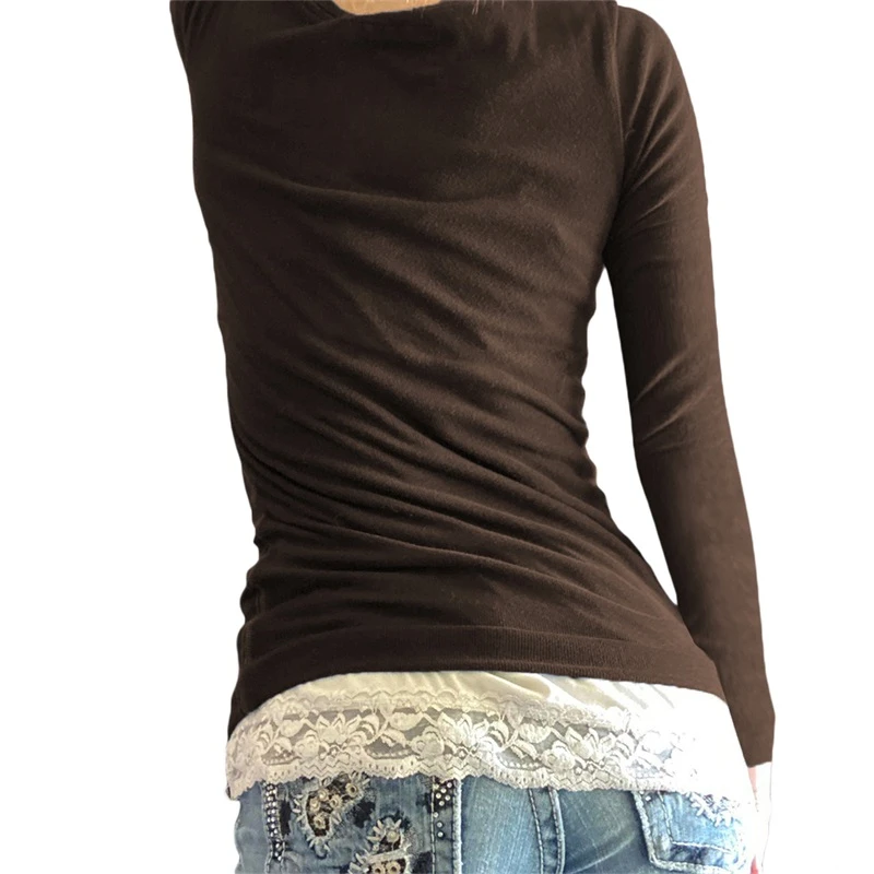 Korean Cute Y2K Retro Cotton Tops Lace Patchwork Buttons Kawaii Tshirts Autumn Square Collar Chic Casual Shirts