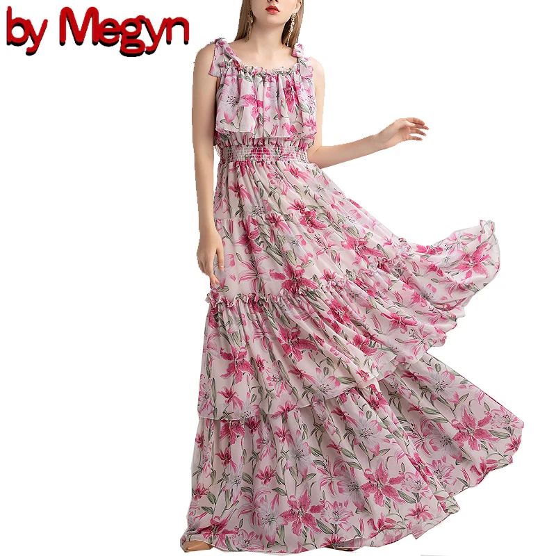 by Megyn Fashion Runway Autumn Long Sleeveless Maxi Dress Women's elastic Waist Floral Print Elegant Party Holiday Long Dress