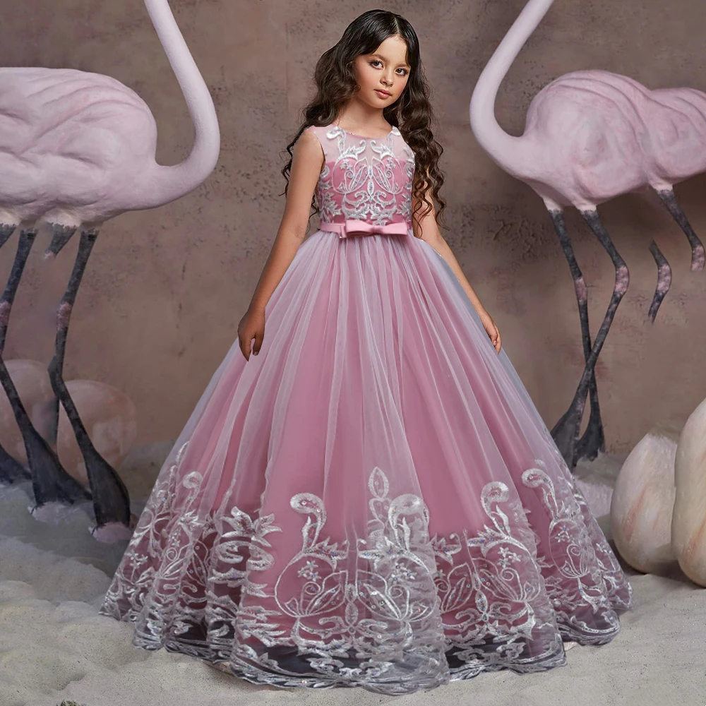 Puffy Tulle Lace Flower Girl Dress Christmas Costume Bride Bow Gown Princess Dress for Girls Wedding Party First Communion