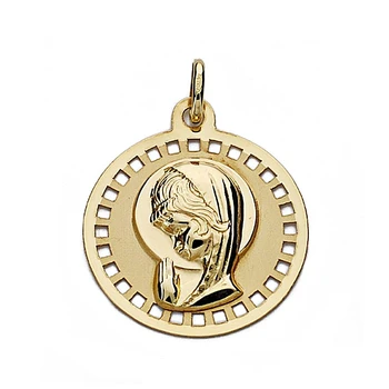 

Medal pendant 18k gold Virgin Girl 18mm. Smooth circulate fence pictures openwork