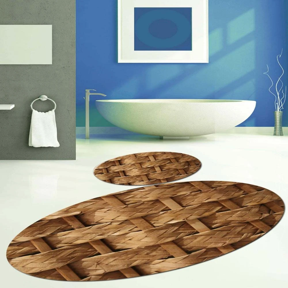 Else Brown Wood Wicker Bamboo Design Oval 2 Pcs 3d Pattern Print Bath Mats Anti Slip Soft Washable Bathroom Mat Toilet Rugs Bath Mats Aliexpress
