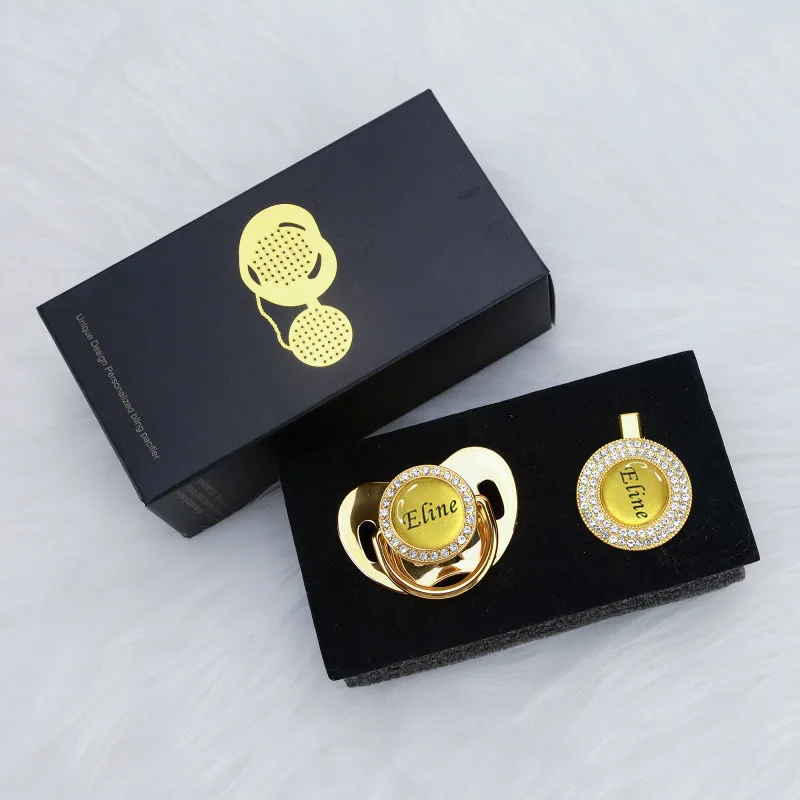 MIYOCAR custom any glitter name photo gold bling pacifier and pacifier clip black BPA free dummy bling glitter design P8-BG 3