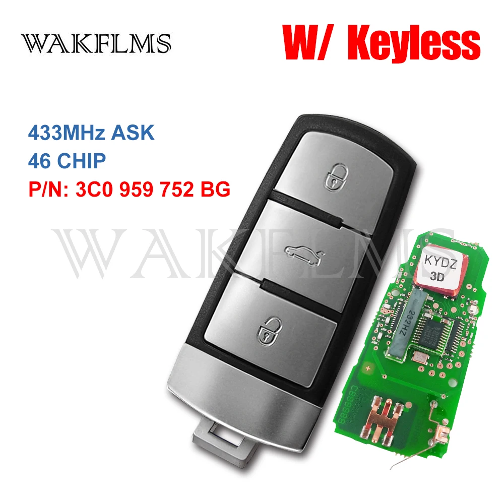 3C0 959 752 BG Keyless Smart Remote Car Key Fob 433MHz with ID46 For Volkswagen VW Passat CC 2004-2015 3C0959752BG