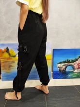 Pantalones Cargo informales para mujer, pantalón holgado de cintura alta, color negro, estilo coreano, con cinta, envío directo