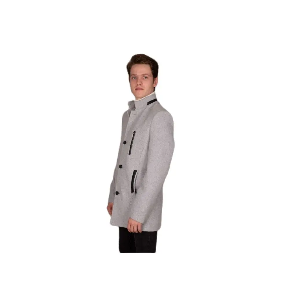 Men's Grey Leather Zipper Cachet Coat 2021 Autumn Winter Season Outwear High Quality SlimFit Young Style WithFrontButtonClosure