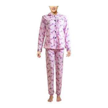 

Mini Kitten-warm cotton Open women's pajamas long sets for winter with print and neck