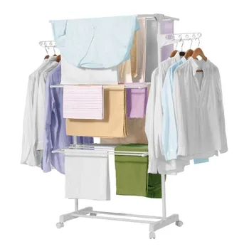 

Clothes Rack Folding Upright. 3 levels Double plus 2 Side Wings. Clothesline Compact with Wheels