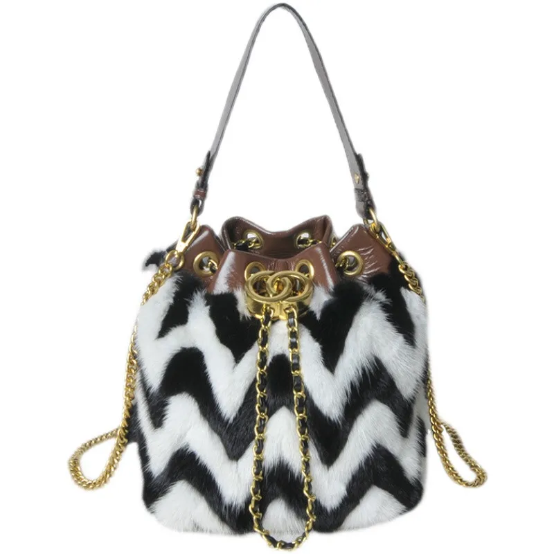 Mink Fur Fashion Handbags With Black And Gray Wave Pattern Bucket Bag Light Luxury Single Shoulder Messenger Bag