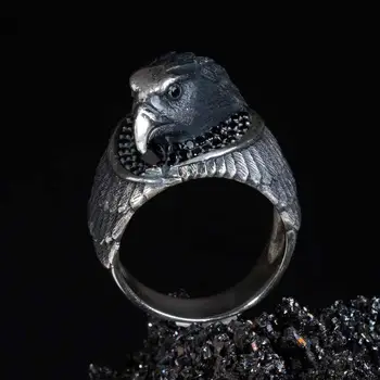 

925 Sterling 3D Eagle Headed Silver Men's Ring with Mini Black Stones Fashion Turkish Premium Quality Handmade Jawelery