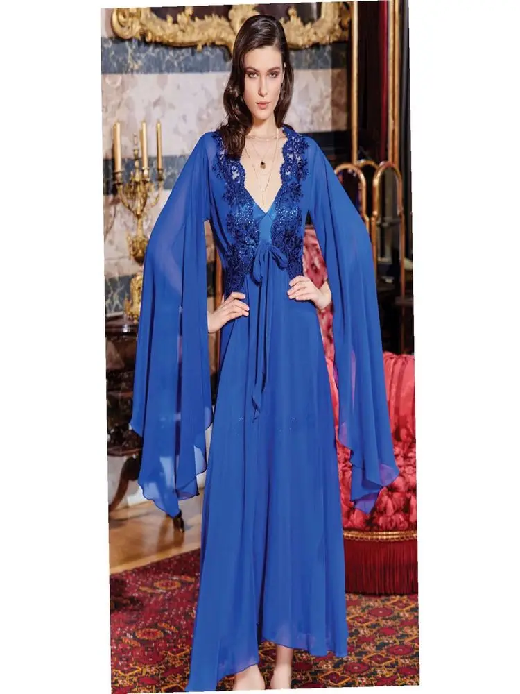 

Jeremi 626 Dowry Silk Satin Lace Long Six-piece Set Sax Underwear Women's Sleep Lounge Robe Gown Sets Pajamas Homewear Thin