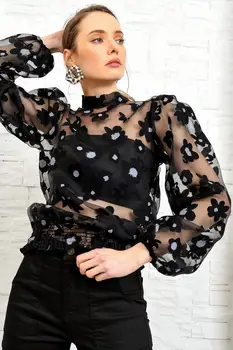 

Trend Alacati Style Women Black See-Through Organza Textured Bluz ALC-X3784