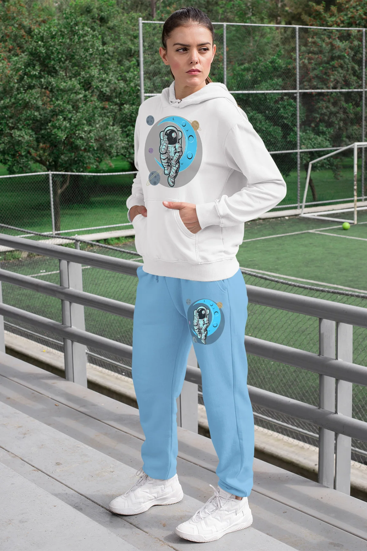 blue sweatpants and sweatshirt