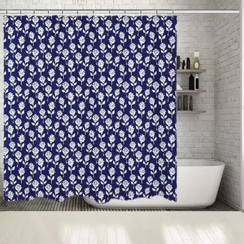

Shower Curtain Roses Flowers Nature Themed Navy Blue and White Classic Floral Fabric Style