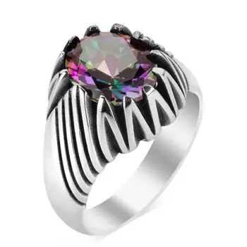 

925 Sterling Patterned Silver Ring with Color Changing Mystical Topaz Stone Fashion Turkish Premium Quality Handmade Jawelery