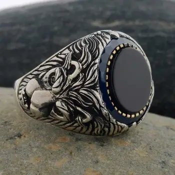 

925 Sterling Lion Patterned Black Onyx Stone Silver Men's Ring Fashion Turkish Premium Quality Handmade Jawelery