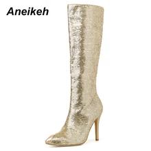 Aneikeh/модные золотистые блестящие ботинки с блестками; женские пикантные ботфорты с острым носком; высокие сапоги до бедра с блестками на высоком каблуке