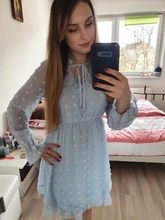 Las mujeres Rosa Vestido para damas apliques Vestido camisero de gasa de las mujeres cuello con volantes de manga larga cintura Mini Vestido de verano Vestido de