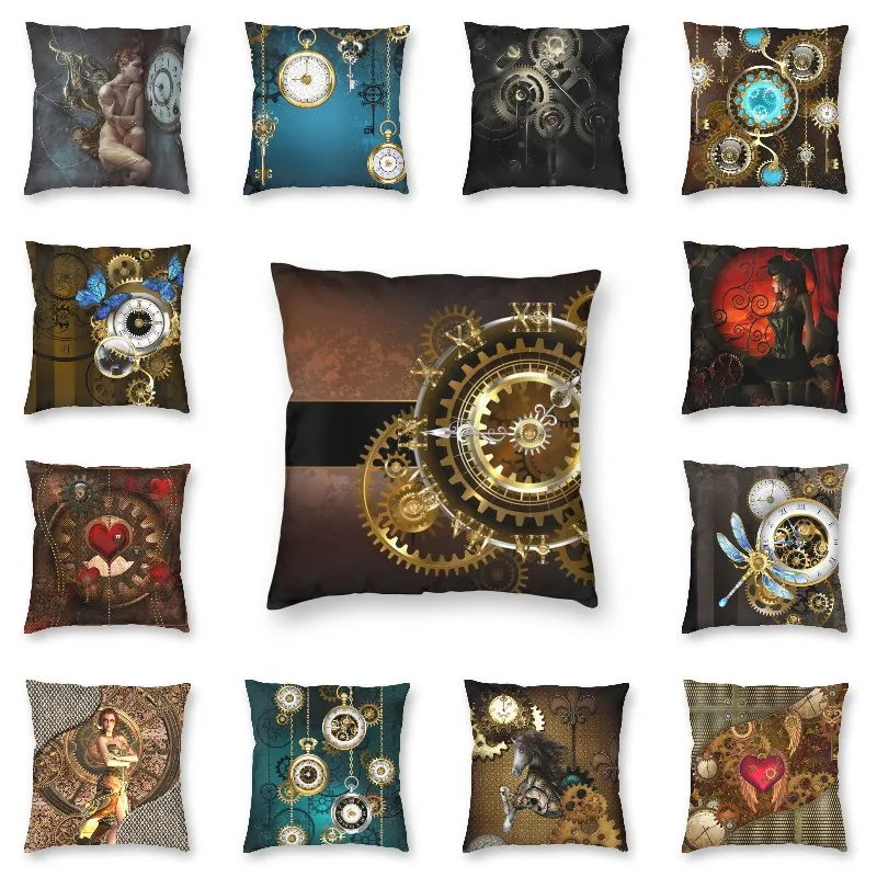 

Personalized Clock With Gears Throw Pillow Case Decoration 3D Two Side Printing Steampunk Clock Cushion Cover for Living Room