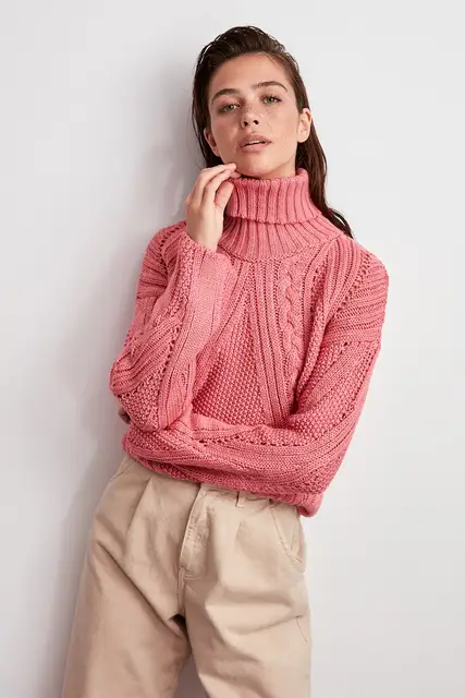 $US $14.14  Trendyol WOMEN-Pink Hair Braided Turtleneck Sweater Sweater TWOAW20FH0008
