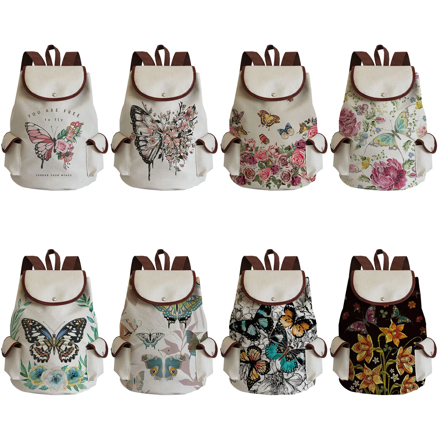 

Floral Butterfly Printed Backpack Women High Capacity Drawstring Bags Cartoon Girl School Bag Female Linen Backpack For Student