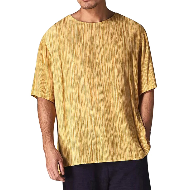 

New Mens Summer Casual T-Shirts Loose O-Neck Short Sleeve Sleeve Leisure Comfort Linen Irregular Striped Male Tee Beach Yoga Top