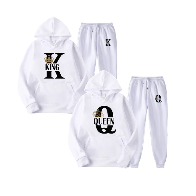 2022 Fashion Couple Sportwear Set KING or QUEEN Printed Lover Hooded Suits Hoodie and Pants 2pcs Set Streetwear Men Women Cloths White King 2